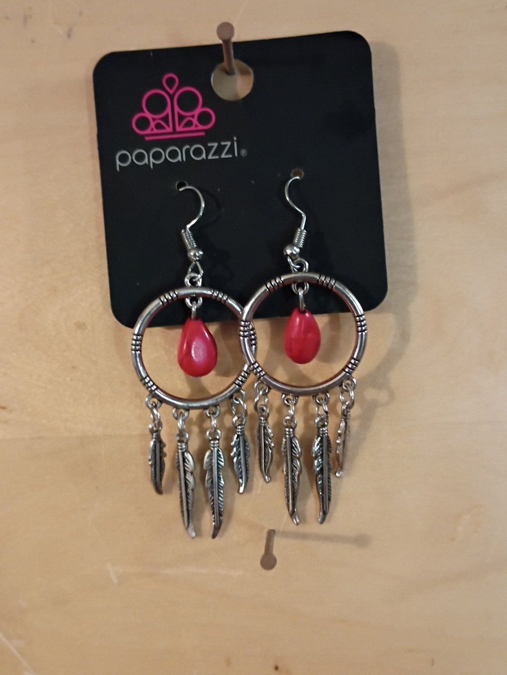 paparazzi Silver Hoop Earrings with Red Teardrop and Feather Charms